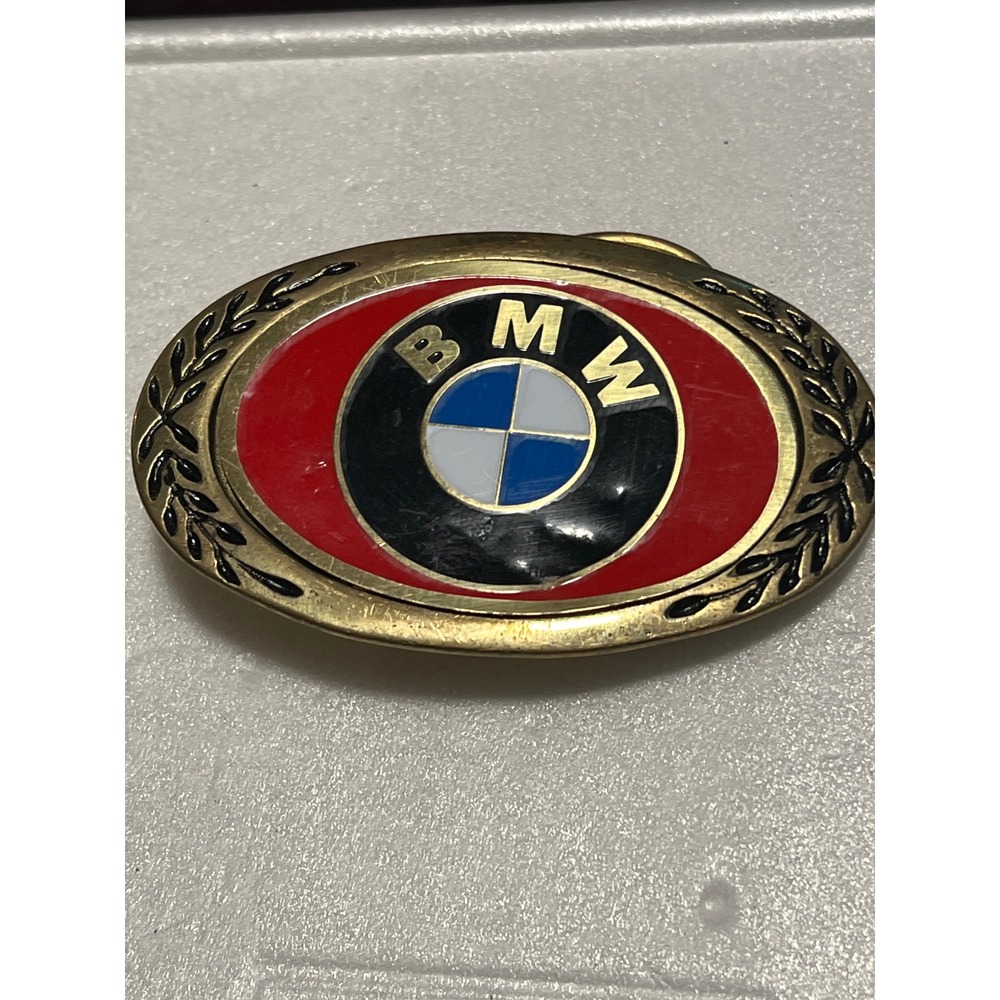 Vintage BMW Belt Buckle Brass Tone Red Enamel Logo Oval Laurel Wreath Automotive